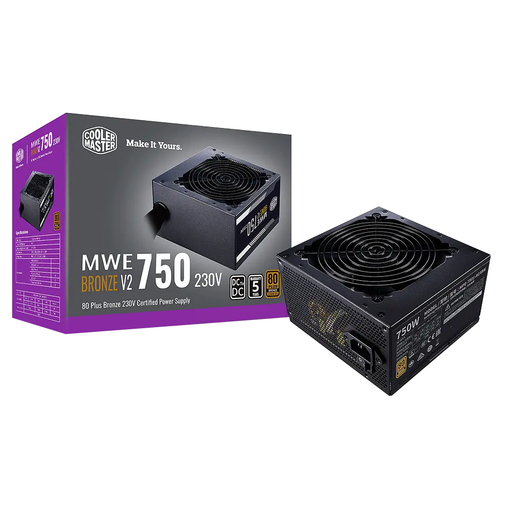 Cooler Master MWE 750 Bronze V2 230v, 80 Plus Bronze Certified, Non-Modular Power Supply – Black Image